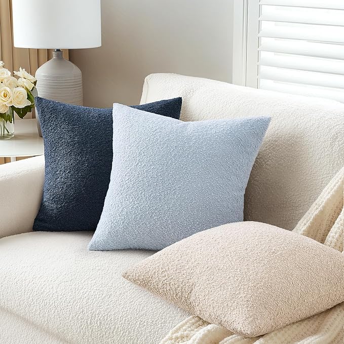 ANRODUO Pack of 2 Textured Boucle Throw Pillow Covers Soft Navy Blue Decorative Accent Solid Pillow Cases Cozy Modern Couch Cushion Case for Chair Sofa Bedroom Living Room Home Decor, 20 x 20 Inch