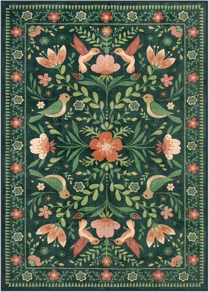 Moynesa 3x5 Kitchen Rug, Modern Cottage Washable Non-Slip Low Pile Area Rug for Bedroom Entryway Entrance Aesthetic,Lightweight Foldable Farmhouse Floral Bird Print Pattern Carpet Retro Home Decor