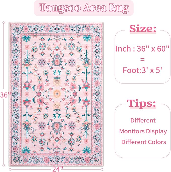 Tangsoo 3x5 Pink Small Area Rug for Bedroom Girls, Non Slip Washable Cute Floral Rug for Nursery Bedside, Soft Low Pile Front Door Carpet Indoor Entrance Inside House Bathroom Classroom Teen Room