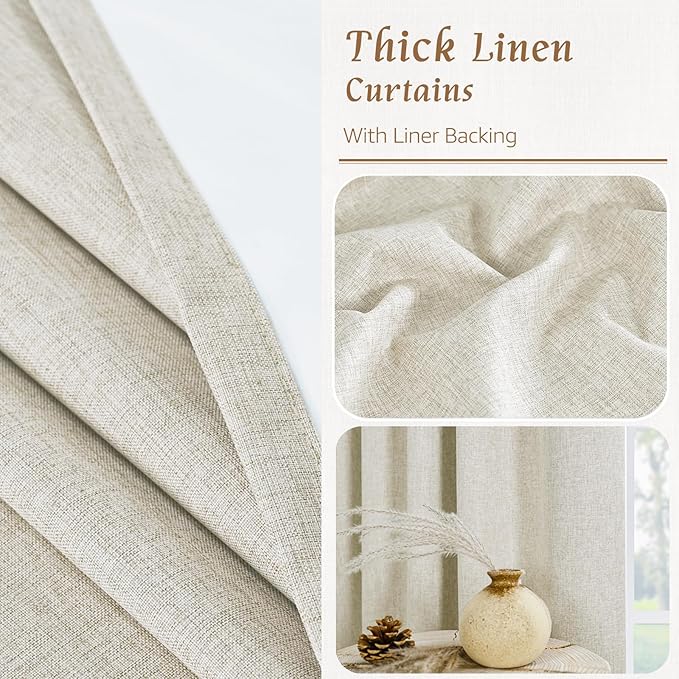 LAMIT 100% Blackout Linen Curtains, 72 Inch Linen Textured Living Room Farmhouse Curtains Room Darkening Back Tab and Rod Pocket Burlap Neutral Panels with White Liner, 2 Panels, 52 x 72 Inch, Stone
