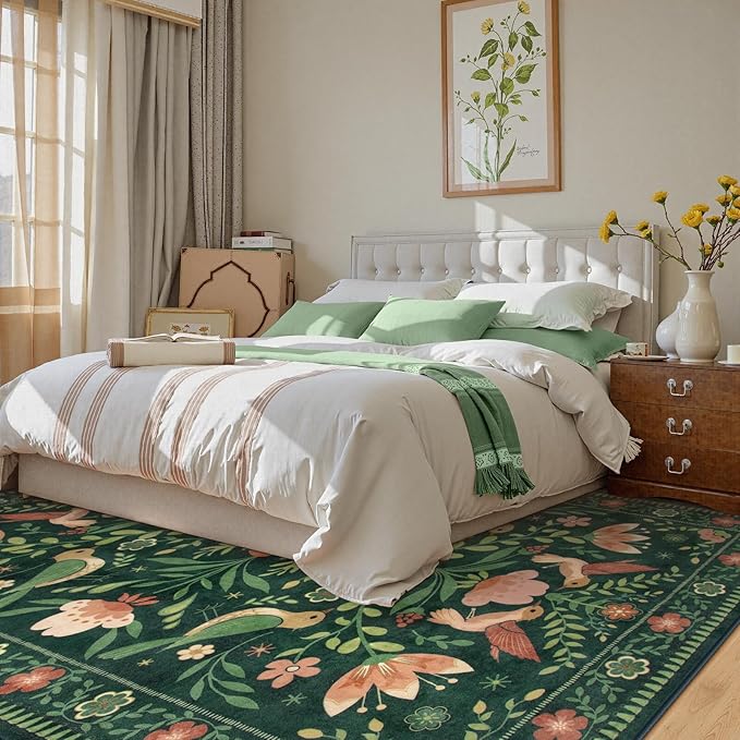 Moynesa Living Room Rug 5x7, Washable Modern Cottage Green Area Rugs for Bedroom Dining Room, Farmhouse Aesthetic Floral Bird Print Carpet, Vintage Home Decor Open Floor Areas Non-Slip Protection