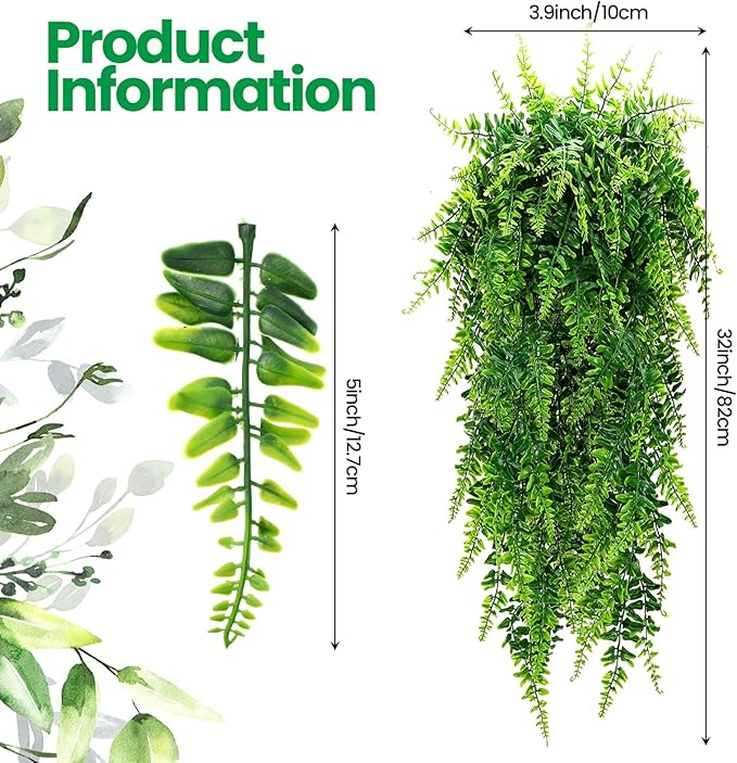 Geosar 48 Pcs Artificial Hanging Plants 32 Inch Hanging Boston Ferns Plastic Fake Plants for Wall Room Garden Wedding Garland Indoor Outdoor Decoration, No Basket
