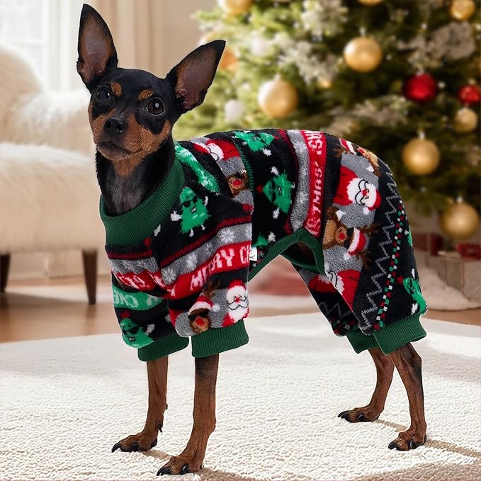 XPUDAC Christmas Dog Pajamas Fleece Dog Sweater Holiday Pet Outfit for Small Medium Dogs Girl Boy Puppy Clothes Onesie, 2XL