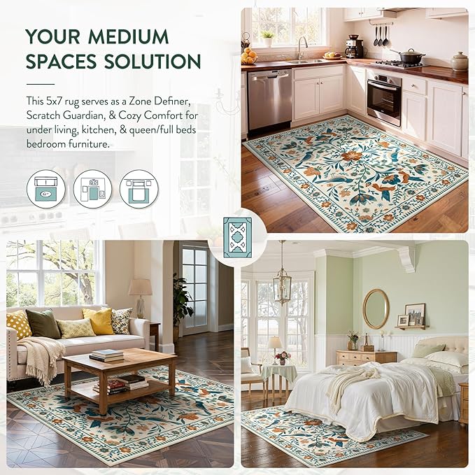 Moynesa Bedroom Rug 5x7, Washable Modern Bohemian Area Rugs for Living Room Dining Room, Farmhouse Floral Bird Print Pattern Carpet, Retro Home Decor Open Floor Areas Non-Slip Protection