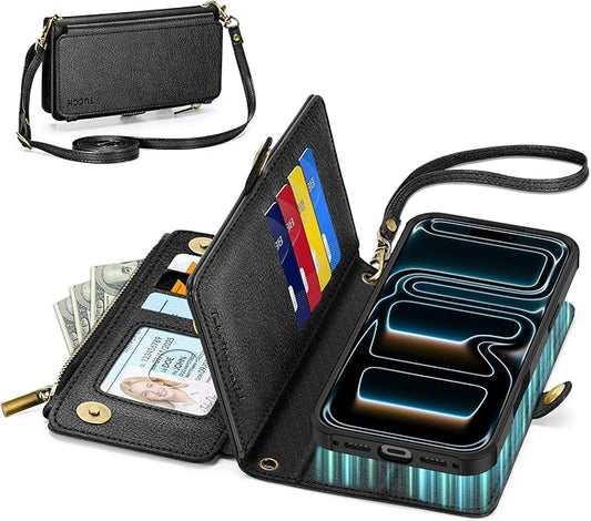 TUCCH Removable Crossbody Case Wallet for iPhone 17 Pro Max, 10 Card Slots RFID Blocking, Stand, Lanyard, Wrist Strap, Wireless Charging, Zipper Pocket, PU Leather, Magnetic Flip Cover, Textured Black