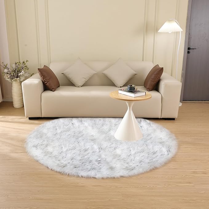 Grey and White Plush Machine Washable Area Rugs for Bedroom Small Circle Furry Faux Sheepskin Fur Rug for Living Room Nursery Round Rug 3ft