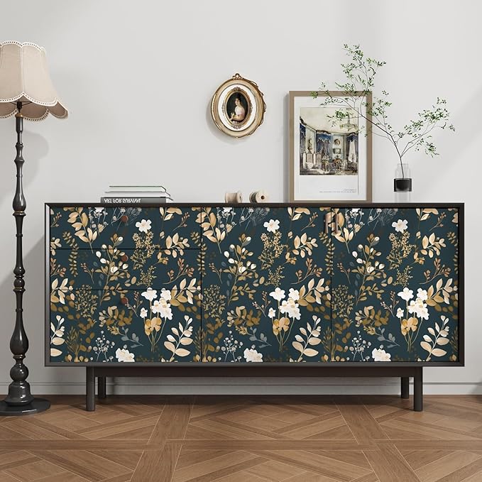 Navy Floral Wallpaper Peel and Stick Boho Wallpaper Vintage Blue/Gold Leaf Contact Paper Waterproof Self Adhesive Modern Wall Paper for Cabinet Walls Kitchen 17.5in x118in