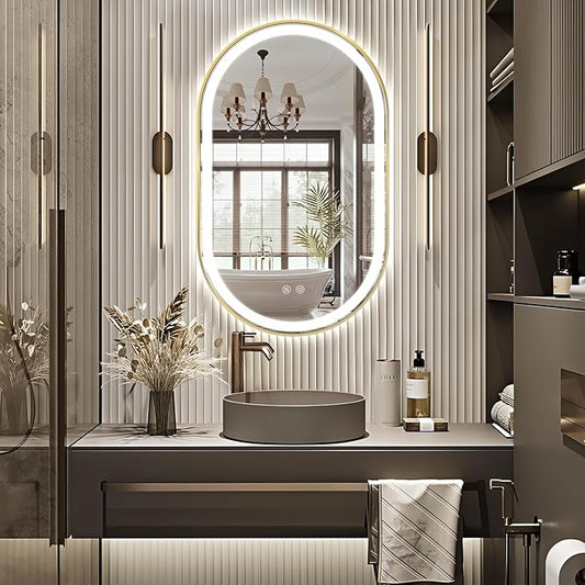 Niccy Oval LED Mirror for Bathroom, 40x24 Front Lit + Backlit Vanity Mirrors with Light Anti-Fog, Shatter-Proof, 3 Colors, Makeup Mirror with Old Gold Frame (Horizontal/Vertical)