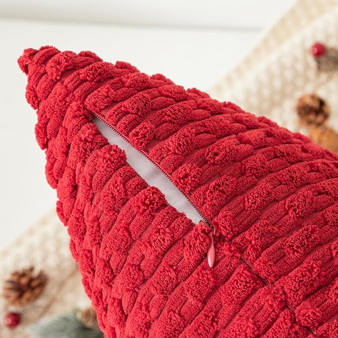 Kevin Textile Christmas Pillow Covers Pack of 2 Cushion Covers for Bedroom 20x20 Inch Burgundy Soft Corduroy Throw Pillow Cover with Stripes Machine Washable Pillowcase for Bedroom
