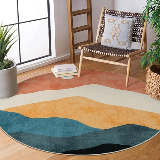 6 ft Abstract Round Rugs for Bedroom, Washable Non-Slip Circle Rug, Soft Colorful Low-Pile Floor Mat, Chic Faux Wool Large Rug, Indoor Throw Rugs for Living Room, Kidsroom