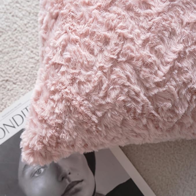 Neelvin Set of 2 Faux Fur Throw Pillow Covers 16x16 Inch Pink Cozy Soft Solid Decorative Pillowcases Thick Plush Sheepskin Cushion Case for Chair and Couch Sofa Bedroom