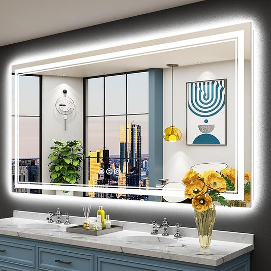 72x40 LED Bathroom Mirror with Lights, Backlit & Front Lit, Anti-Fog Frameless Lighted Vanity Mirrors for Bathroom Wall, Dimmable, 3-Color Light, Memory, Shatter-Proof, Tempered Glass, CRI＞90