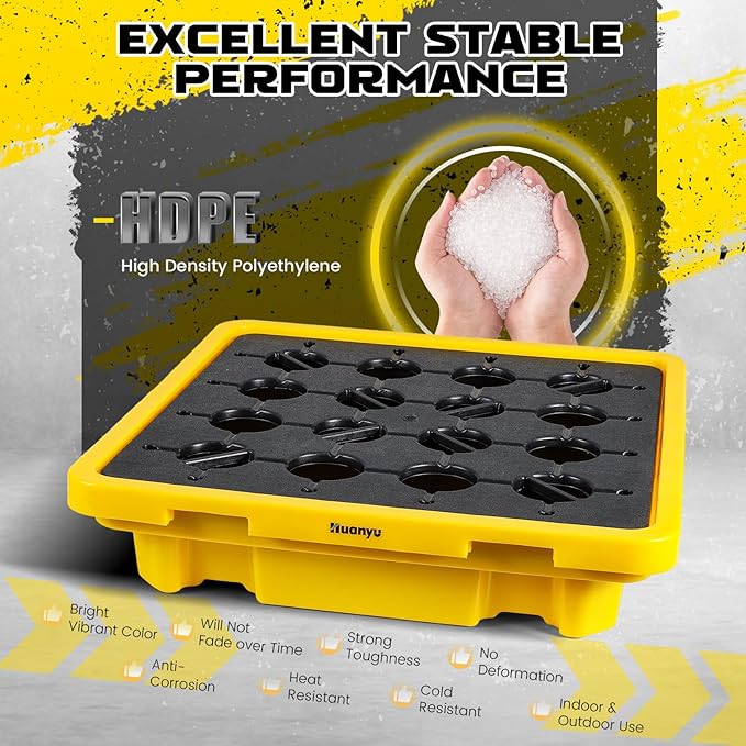 Huanyu Spill Containment Pallet Modular Spill Containment Tray Platform with Drain Outlet 1 Drum Capacity 200L 26.4 x 26.4 x 6 Inches Load 800kg 1763lb (1 Pcs)
