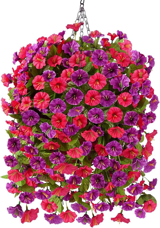 Homsunny Artificial Faux Hanging Flowers Plants Baskets for Outdoor Spring Summer Decorations,Resistant Fake Morning Glory Silk Plants for Outside UV Resistant Patio Yard Home Porch Decor(Red Purple)