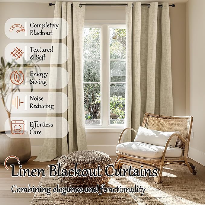 Lajode 100% Blackout Curtains for Living Room/Bedroom 84 Inch Length 2 Panels Set, Thermal Insulated Bronze Grommet Boho Light Blocking Faux Linen Window Drapes White Liner, Each 52" Wide, Burlap