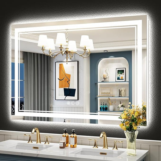 50x36 Inch LED Bathroom Mirror with Lights, Backlit & Front Lit, Anti-Fog Lighted Vanity Mirrors for Bathroom Wall, Dimmable, 3-Color Light, Memory, Shatter-Proof, HD Tempered Glass, CRI ＞90