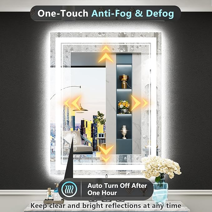 24x30 LED Bathroom Mirror with Lights, Backlit & Front Lit, Anti-Fog Lighted Vanity Mirror for Bathroom Wall, 3 Colors, Dimmable, Memory, HD Tempered Glass, Shatter-Proof, Horizontal/Vertical