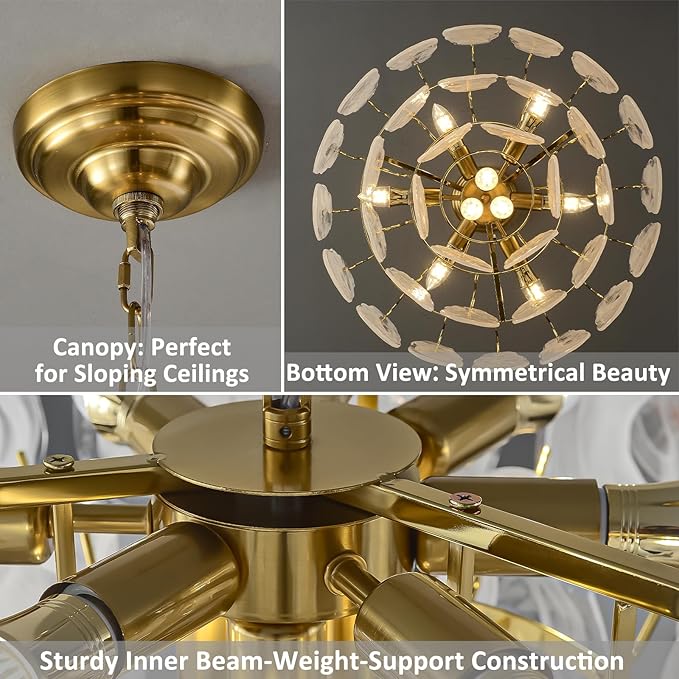Gold Modern Chandelier 23in 9-Light Cloud Glass Pendant Light Mid Century Chandelier with White Shell Crystal Chandeliers for Bedroom Dining Room Living Room Kitchen Island Foyer
