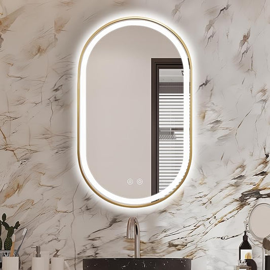 Niccy Oval LED Mirror for Bathroom, 40x24 Front Lit + Backlit Vanity Mirrors with Light Anti-Fog, Shatter-Proof, 3 Colors, Makeup Mirror with Gold Frame (Horizontal/Vertical)