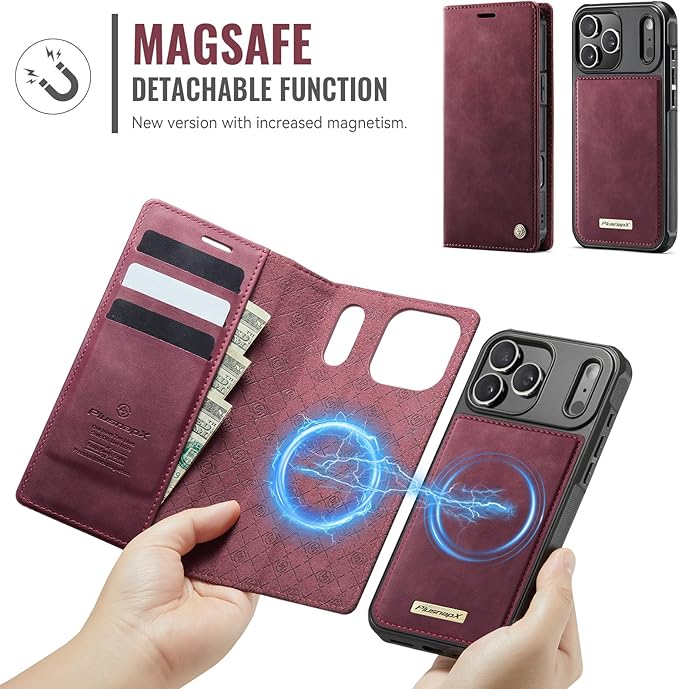 PlusnapX Wallet Case for iPhone 17 Pro Max Compatible with Magsafe, 2-IN-1 PU Leather Flip RFID Blocking Card Holder Stand Shockproof Magnetic Detachable Case for iPhone 17 Pro Max Case 6.9", Burgundy