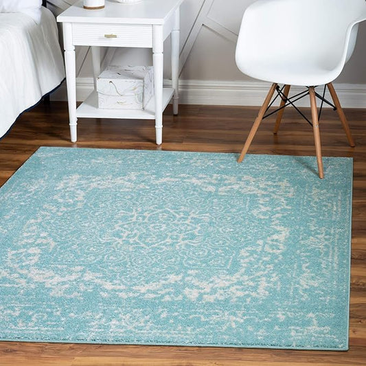 Rugs.com Arlington Collection Rug – 5 Ft Square Aqua Medium-Pile Rug Perfect for Living Rooms, Kitchens, Entryways