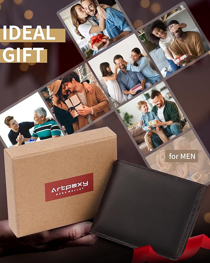 Artpaxy Mens Wallet Genuine Leather Bifold RFID Blocking Wallet for Men with 2 ID Windows 12 Card Holders 2 cash pockets 1 Gift Box