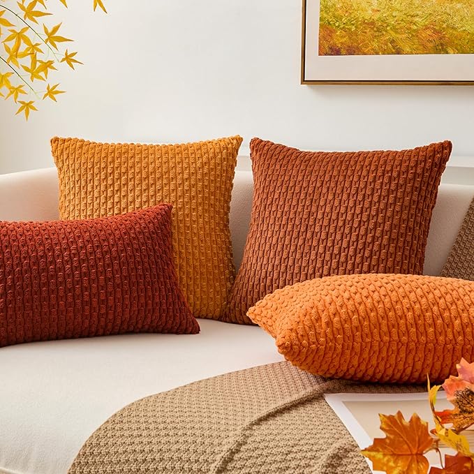 Kevin Textile Fall Set of 2 Striped Textured Velvet Corduroy Decorative Europe Sham Seasonal Autumn Throw Pillow Cushion Cover for Couch (60x60 cm 24 Inch) Burnt Brick