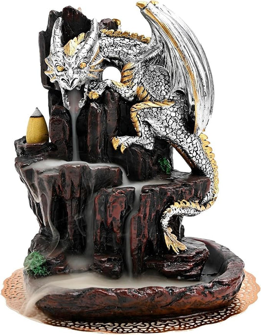 Dragon Backflow 2 Sided Mountain Waterfall Incense Burner,Fountain Smoke Incense Holder with Backflow Incense Cones, Tweezers, Mat，Resin Aromatherapy Meditationvaiuk (Silver)