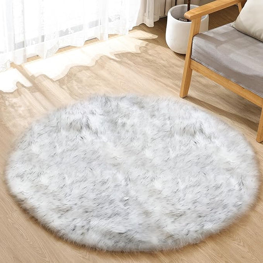 White and Grey Round Shag Rug 4ft Faux Sheepskin Fur Rugs for Living Room Small Circle Washable Plush Rug for Nursery Cute Room Décor