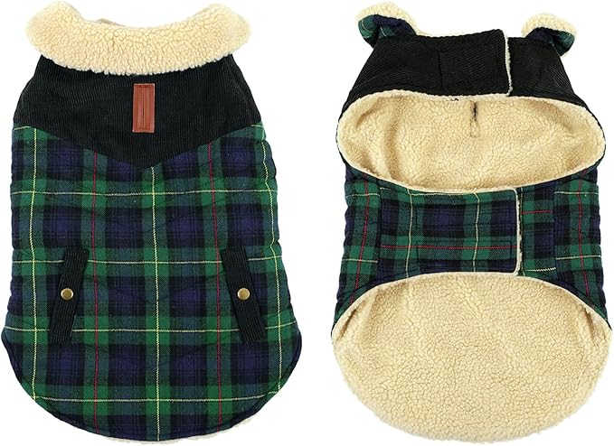 Winter Coat for Small and Medium Dogs, Puppy Plaid Jacket, Cotton Coat for Cold Weather, Windproof Warm Dog Garments, Pet Thickened Outfits Indoor Outdoor, Green M