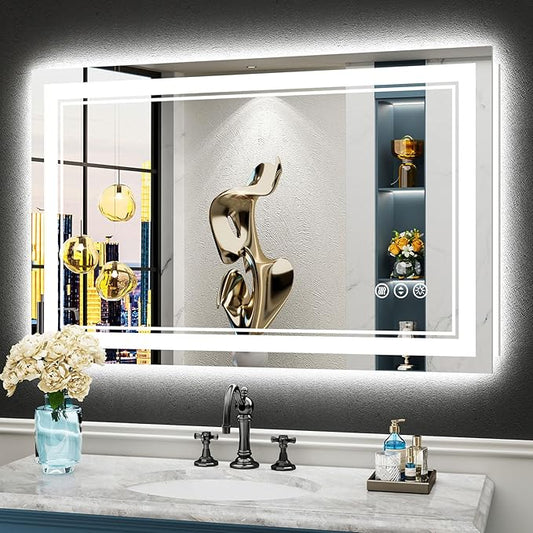 40x24 LED Bathroom Mirror with Lights, Backlit and Front Lit, Anti-Fog Lighted Vanity Mirrors for Bathroom Wall, Dimmable, 3-Color Light, Memory, Shatter-Proof, HD Tempered Glass, CRI＞90