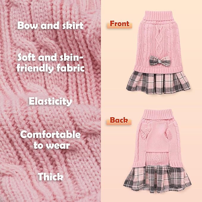 YUDODO Valentines Small Dog Sweater Dress with Bowtie Turtleneck - Knitted Pet Girl Dog Winter Clothes - Pet Warm Sweater for Puppy Yorkies, Chihuahua (XL Pink)