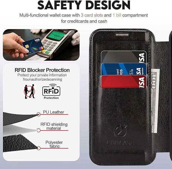 CIVICASE for iPhone 13 Pro Wallet Case with Stand,PU Leather Flip Credit Card Holder Slots (RFID Blocking),Compatible with Magsafe Magnetic Holder Phone Cover Women Men,Black