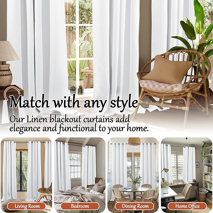 Blackout Curtains for Living Room 95 Inch Length 2 Panels Set, Thermal Insulated 100% Black Out Privacy Soundproof Grommet Farmhouse Linen Window Curtains for Bedroom Darkening, White, Each 52”Wide
