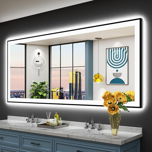 72x32 Black Framed LED Bathroom Mirror with Lights, Backlit and Front Lit, Anti-Fog Lighted Vanity Mirrors for Bathroom Wall, Dimmable, 3-Color Light, Memory, Shatter-Proof, HD Tempered Glass