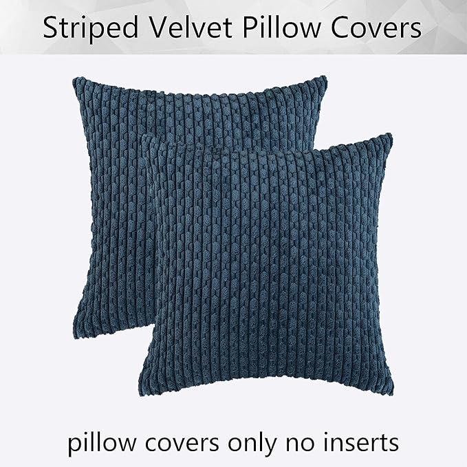 Kevin Textile Blue Throw Pillow Covers Soft Corduroy Decorative Set of 2 Boho Striped Pillow Covers Pillowcases Farmhouse Home Decor for Couch Bed Sofa Living Room 26x26 Inch