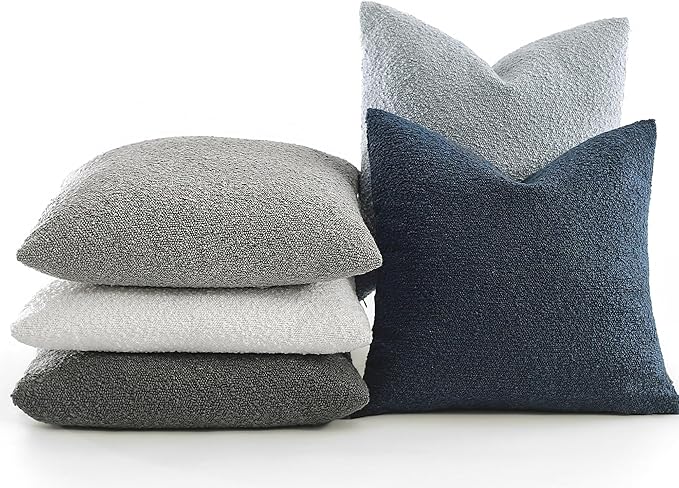 Boucle Decorative Throw Pillow Covers for Couch Set of 2, 22x22 inches, Light Grey