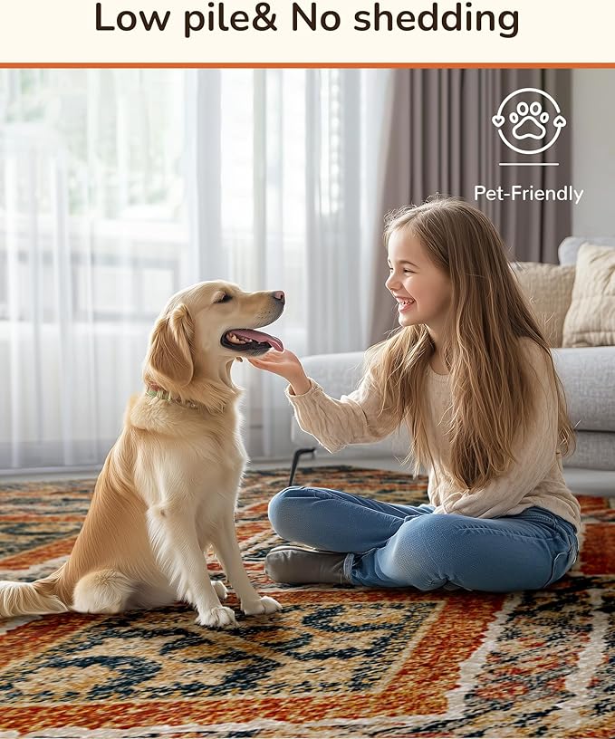 Area Rug 9x12 Rug Machine Washable Non-Slip Low Pile Print Pattern Fall Western Rug for Living Room Bedroom Entryway Tribal Series -Orange/Brown