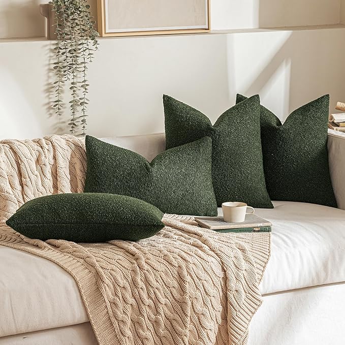 MIULEE 24x24 Christmas Decorative Euro Sham Throw Pillows for Bed Set of 2 Textured Boucle Neutral Winter Throw Pillow Covers Dark Green Accent Solid Couch Pillowcase Sofa Livingroom Home Decor
