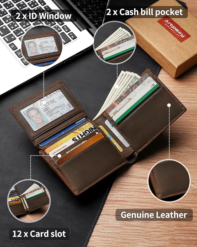 Artpaxy Mens Wallet Genuine Leather Bifold RFID Blocking Wallet for Men with 2 ID Windows 12 Card Holders 2 cash pockets 1 Gift Box