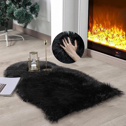 Faux Fur Rug Sheepskin Shag Fluffy Fuzzy Black 2x3 ft Small Rugs for Bedroom Bedside Bed Floor Living Room Plush High-Density Cushion Carpet Super Sofa Cover