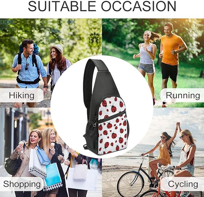 SWEET TANG Lightweight Sling Shoulder Backpack, Adjustable Gym Bags Red Ladybug White, Large Capacity Chest Cross Body Bag Daypack, Outdoor Multipurpose Bag