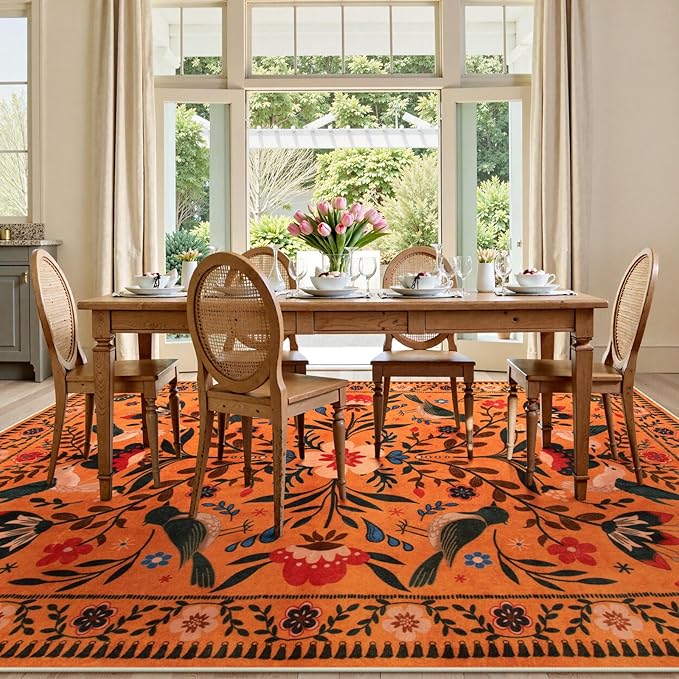 Moynesa Area Rugs 9x12 Fall Home Decor, Bohemian Scandinavian Modern Country Aesthetic Floral Bird Medallion Carpet for for Living Room Bedroom Dining Room,Non-Slip Washable Floor Protection