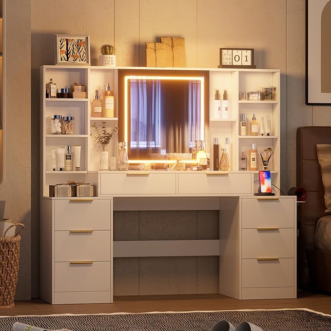 Large Makeup Vanity Desk with Lighted Mirror & Power Outlet,Dresser Table with 3 Lighting Modes Brightness Adjustable,Drawers,Shelves,Hair Dryer Stand for Bedroom,White (No Stool)