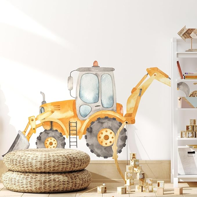 Construction Tractor Backhoe Loader Wall Decal for Boys Room, Construction Eqipment Peel Stick Removable Fabric Wall Sticker, Nursery or Playroom Decor, Repositionable (18 inch: 10" Tall x 18" Wide)