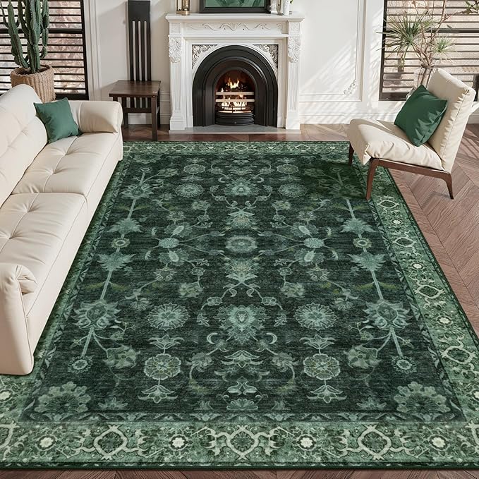 Tangsoo 4x6 Washable Area Rugs Non Slip, Boho Distressed Vintage Green Floral Throw Rug for Bedroom Nursery, Low Pile Floor Carpet Indoor Mat for Entrance Kitchen Office Nature Forest Farmhouse Decor