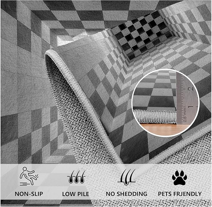 3D Rug 3x5, Plaid Soft Ultra Soft Faux Wool Low Pile Optical Illusion Rug, Indoor Floor Mats Abstract Geometric Carpet, Non-Slip Stain Resistant Washable Rugs, Modern Gray Rugs for Living Room