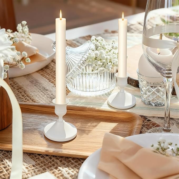 Candle Holders White Set of 12, Vintage Metal Candlestick Holders for Dinner Room Table Centerpiece, Low Metal Candles Sticks for Wedding Centerpieces Christmas Birthday Party (12, White)