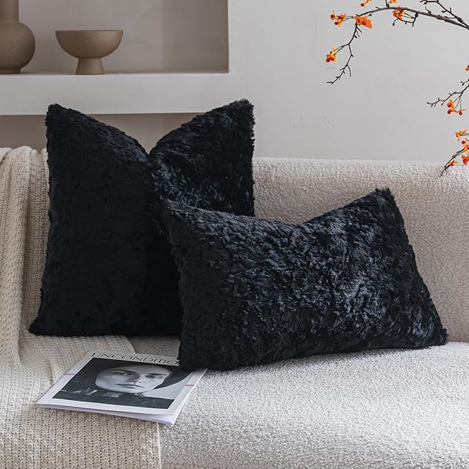 Neelvin Set of 2 Faux Fur Throw Pillow Covers 12x20 Inch Black Cozy Soft Solid Decorative Pillowcases Thick Plush Sheepskin Cushion Case for Chair and Couch Sofa Bedroom