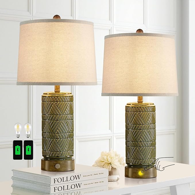 RORIA Set of 2 Retro Touch Table Lamps for Living Room Bedroom, 3 Way Dimmable Nightstand Lamp with 2 USB Port, Farmhouse Rustic Ceramic Desk Lamps for End Table Bedside, LED Bulbs Included